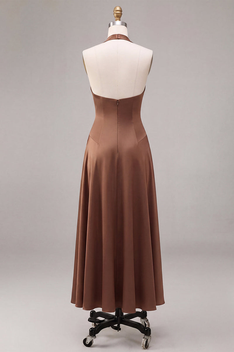 Laden Sie das Bild in den Galerie-Viewer, Satin Kaffee Neckholderhals Rückenloses A-Linie langes Festkleid