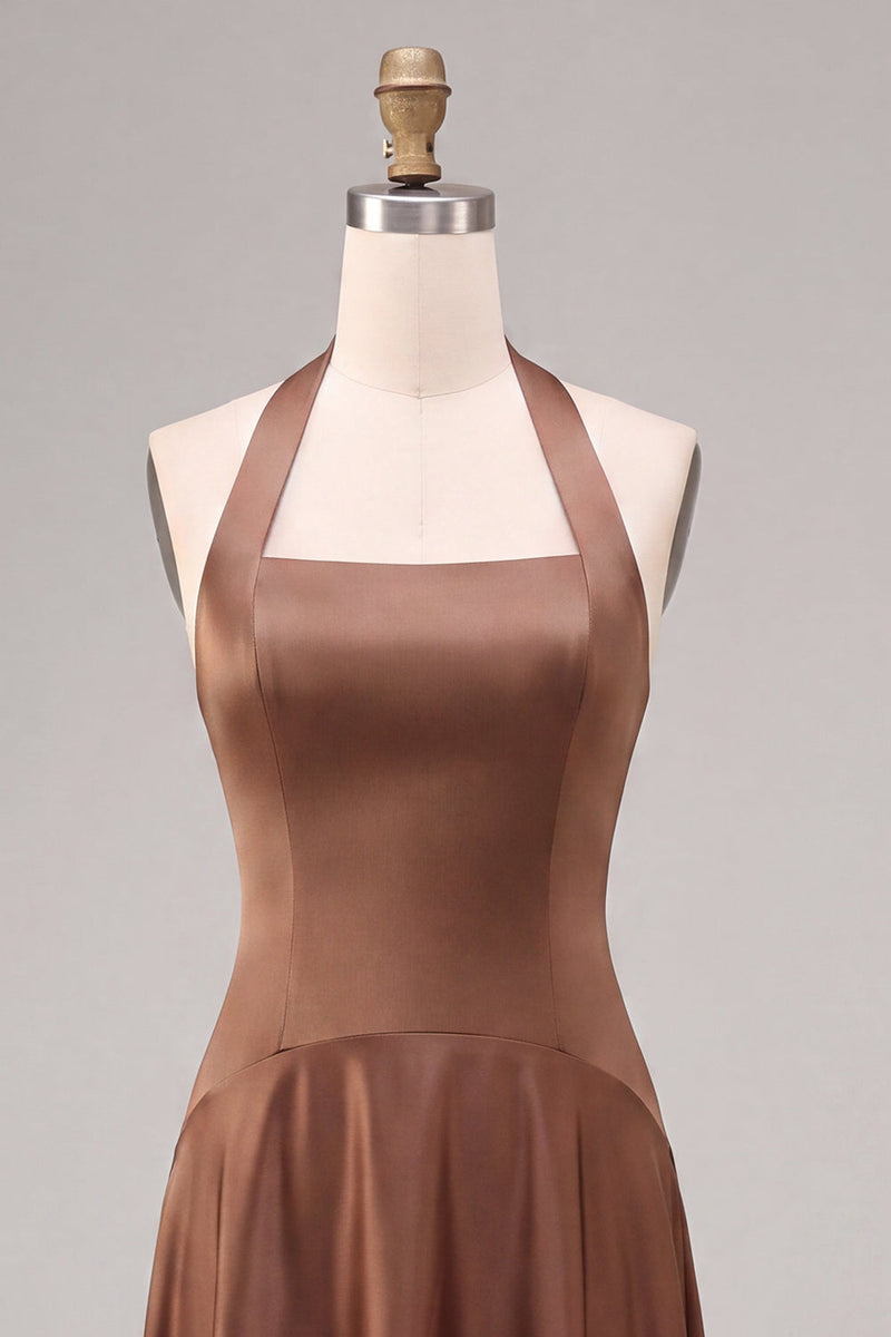 Laden Sie das Bild in den Galerie-Viewer, Satin Kaffee Neckholderhals Rückenloses A-Linie langes Festkleid
