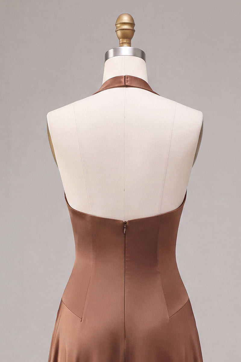 Laden Sie das Bild in den Galerie-Viewer, Satin Kaffee Neckholderhals Rückenloses A-Linie langes Festkleid