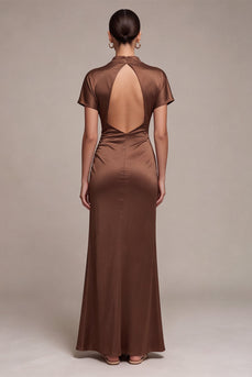 Satin Kaffee Hochhalsiges Meerjungfrauen Langes Festkleid mit kurzen Ärmeln