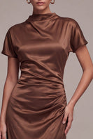 Laden Sie das Bild in den Galerie-Viewer, Satinkaffee, hochhalsiges Meerjungfrauenlanges Festkleid mit kurzärmligen Ärmeln
