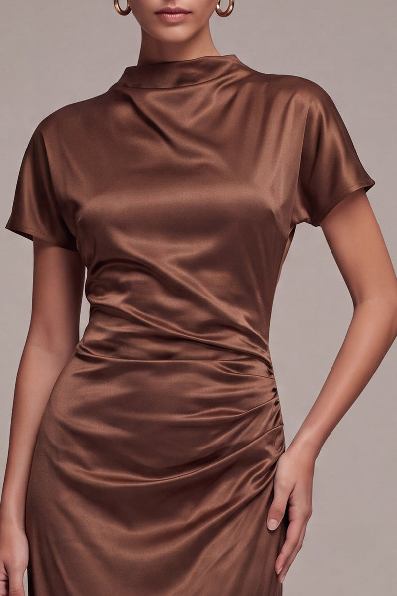 Laden Sie das Bild in den Galerie-Viewer, Satinkaffee, hochhalsiges Meerjungfrauenlanges Festkleid mit kurzärmligen Ärmeln