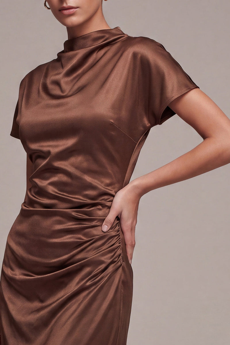 Laden Sie das Bild in den Galerie-Viewer, Satinkaffee, hochhalsiges Meerjungfrauenlanges Festkleid mit kurzärmligen Ärmeln