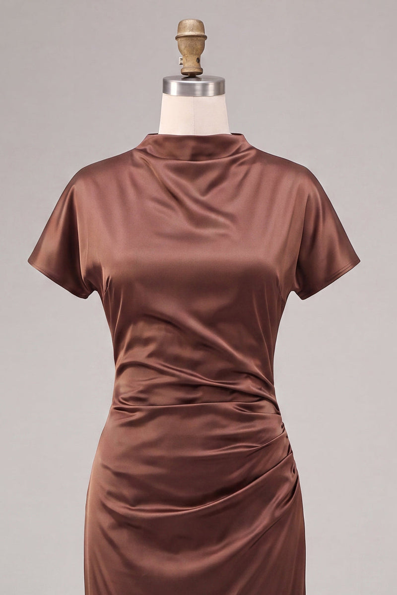 Laden Sie das Bild in den Galerie-Viewer, Satinkaffee, hochhalsiges Meerjungfrauenlanges Festkleid mit kurzärmligen Ärmeln