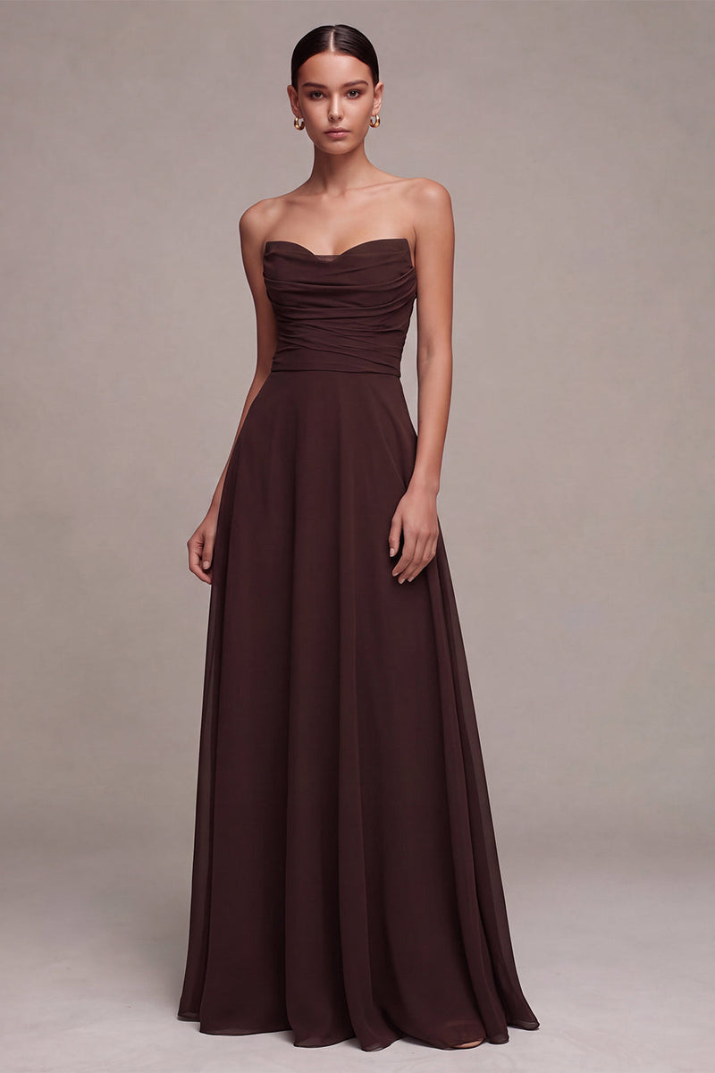 Laden Sie das Bild in den Galerie-Viewer, Dark Coffee Sweetheart A-Line Chiffon Lange Festkleid