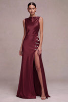 Laden Sie das Bild in den Galerie-Viewer, Olivfarbene Meerjungfrauen-Bateau-Ausschnitt Satin, langes Festkleid mit Schlitz