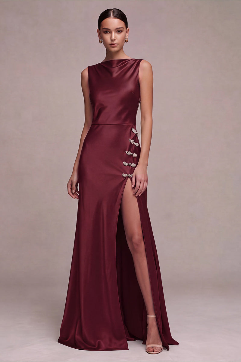Laden Sie das Bild in den Galerie-Viewer, Olivfarbene Meerjungfrauen-Bateau-Ausschnitt Satin, langes Festkleid mit Schlitz