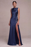 Laden Sie das Bild in den Galerie-Viewer, Olivfarbene Meerjungfrauen-Bateau-Ausschnitt Satin, langes Festkleid mit Schlitz