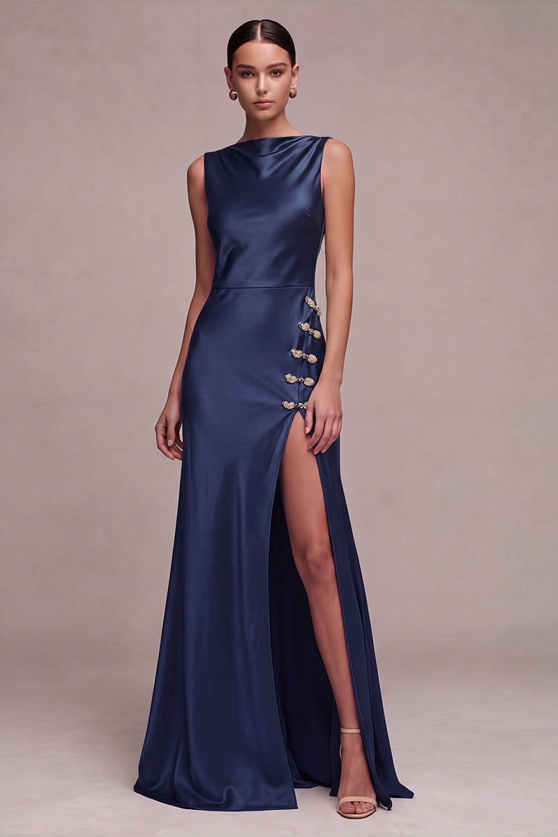 Laden Sie das Bild in den Galerie-Viewer, Olivfarbene Meerjungfrauen-Bateau-Ausschnitt Satin, langes Festkleid mit Schlitz