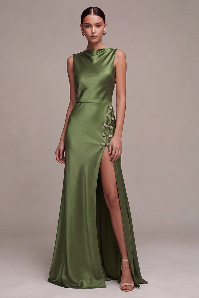Laden Sie das Bild in den Galerie-Viewer, Olivfarbene Meerjungfrauen-Bateau-Ausschnitt Satin, langes Festkleid mit Schlitz