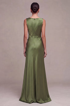 Olive Meerjungfrauen Bateau-Ausschnitt Satin Langes Festkleid mit Schlitz