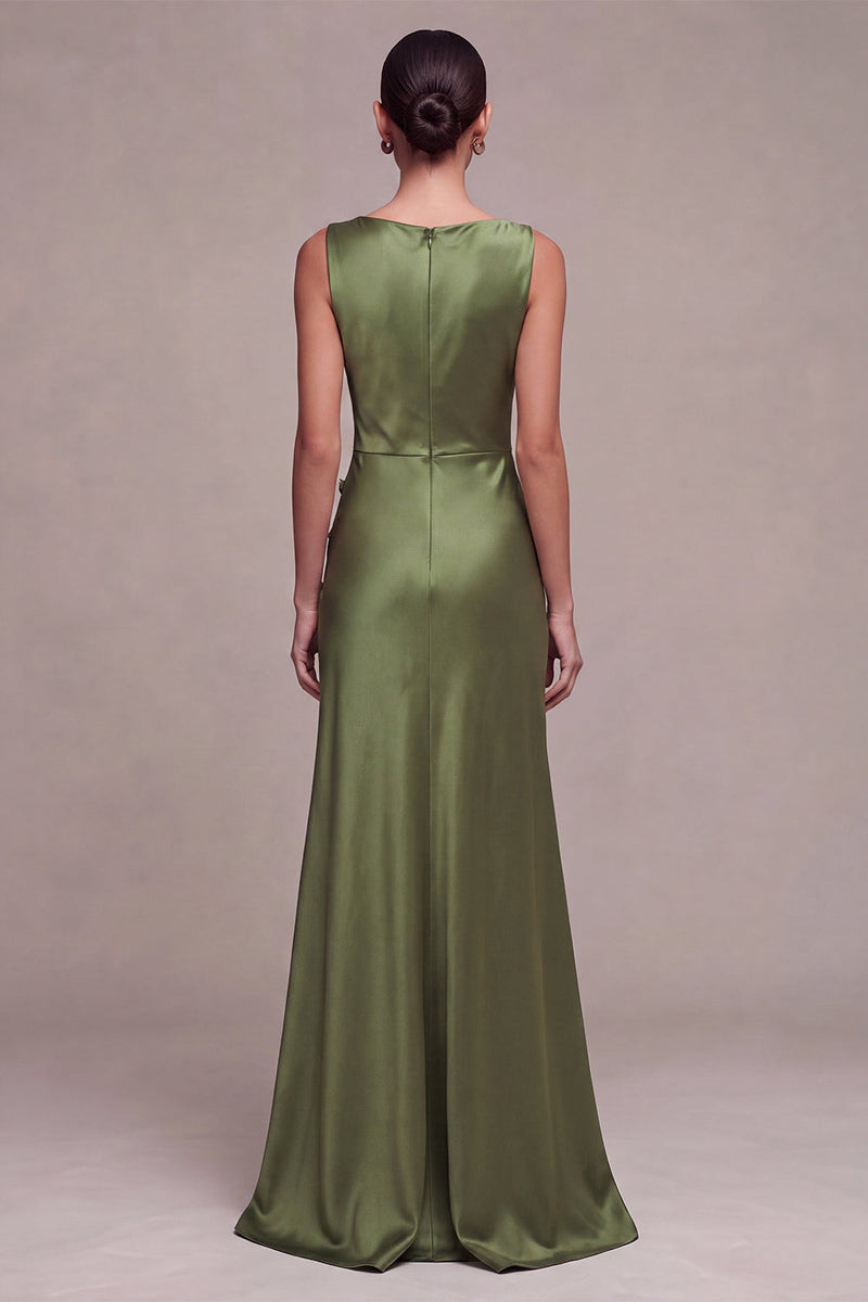 Laden Sie das Bild in den Galerie-Viewer, Olivfarbene Meerjungfrauen-Bateau-Ausschnitt Satin, langes Festkleid mit Schlitz