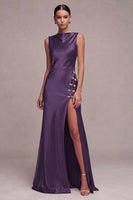Laden Sie das Bild in den Galerie-Viewer, Olivfarbene Meerjungfrauen-Bateau-Ausschnitt Satin, langes Festkleid mit Schlitz