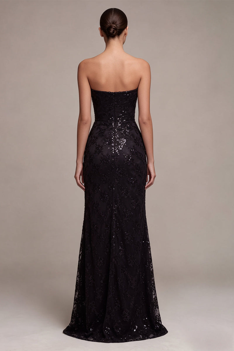 Laden Sie das Bild in den Galerie-Viewer, Trägerlose Pailletten Schwarzes Meerjungfrauen-Zügel, langes Festkleid mit Schlitz
