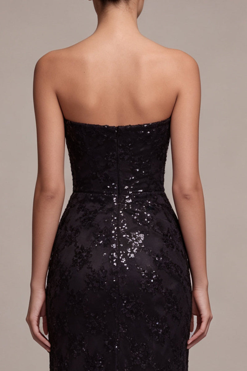 Laden Sie das Bild in den Galerie-Viewer, Trägerlose Pailletten Schwarzes Meerjungfrauen-Zügel, langes Festkleid mit Schlitz