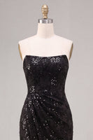 Laden Sie das Bild in den Galerie-Viewer, Trägerlose Pailletten Schwarzes Meerjungfrauen-Zügel, langes Festkleid mit Schlitz