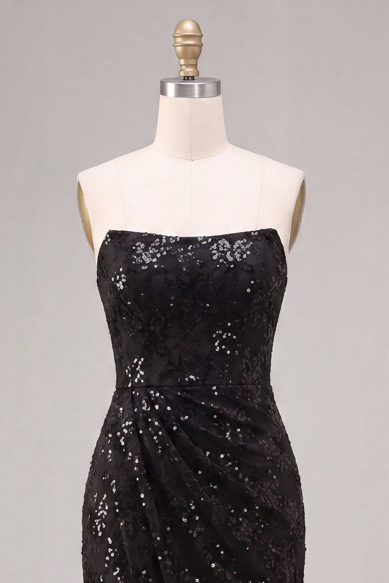 Laden Sie das Bild in den Galerie-Viewer, Trägerlose Pailletten Schwarzes Meerjungfrauen-Zügel, langes Festkleid mit Schlitz