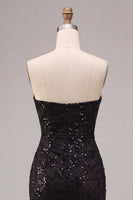 Laden Sie das Bild in den Galerie-Viewer, Trägerlose Pailletten Schwarzes Meerjungfrauen-Zügel, langes Festkleid mit Schlitz