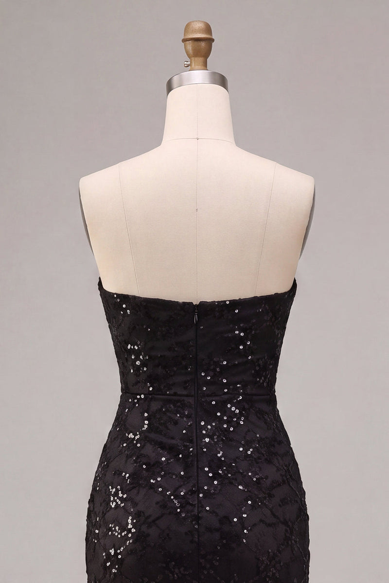 Laden Sie das Bild in den Galerie-Viewer, Trägerlose Pailletten Schwarzes Meerjungfrauen-Zügel, langes Festkleid mit Schlitz