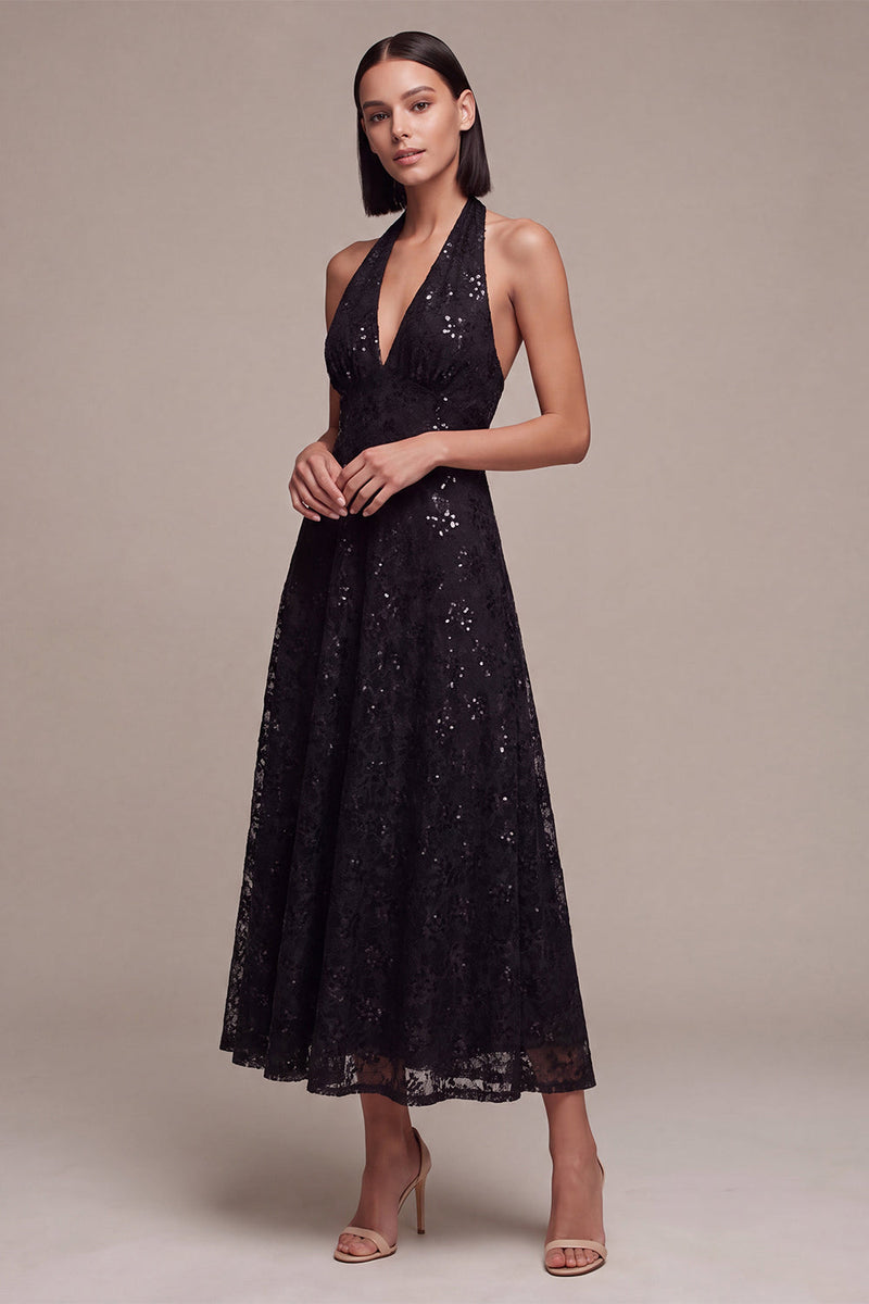 Laden Sie das Bild in den Galerie-Viewer, Schwarzes Halterhals-Pailletten-A-Line-Rückenloses Midi-Festkleid