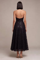 Laden Sie das Bild in den Galerie-Viewer, Schwarzes Halterhals-Pailletten-A-Line-Rückenloses Midi-Festkleid