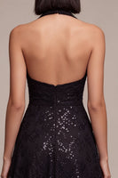 Laden Sie das Bild in den Galerie-Viewer, Schwarzes Halterhals-Pailletten-A-Line-Rückenloses Midi-Festkleid