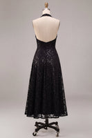 Laden Sie das Bild in den Galerie-Viewer, Schwarzes Halterhals-Pailletten-A-Line-Rückenloses Midi-Festkleid