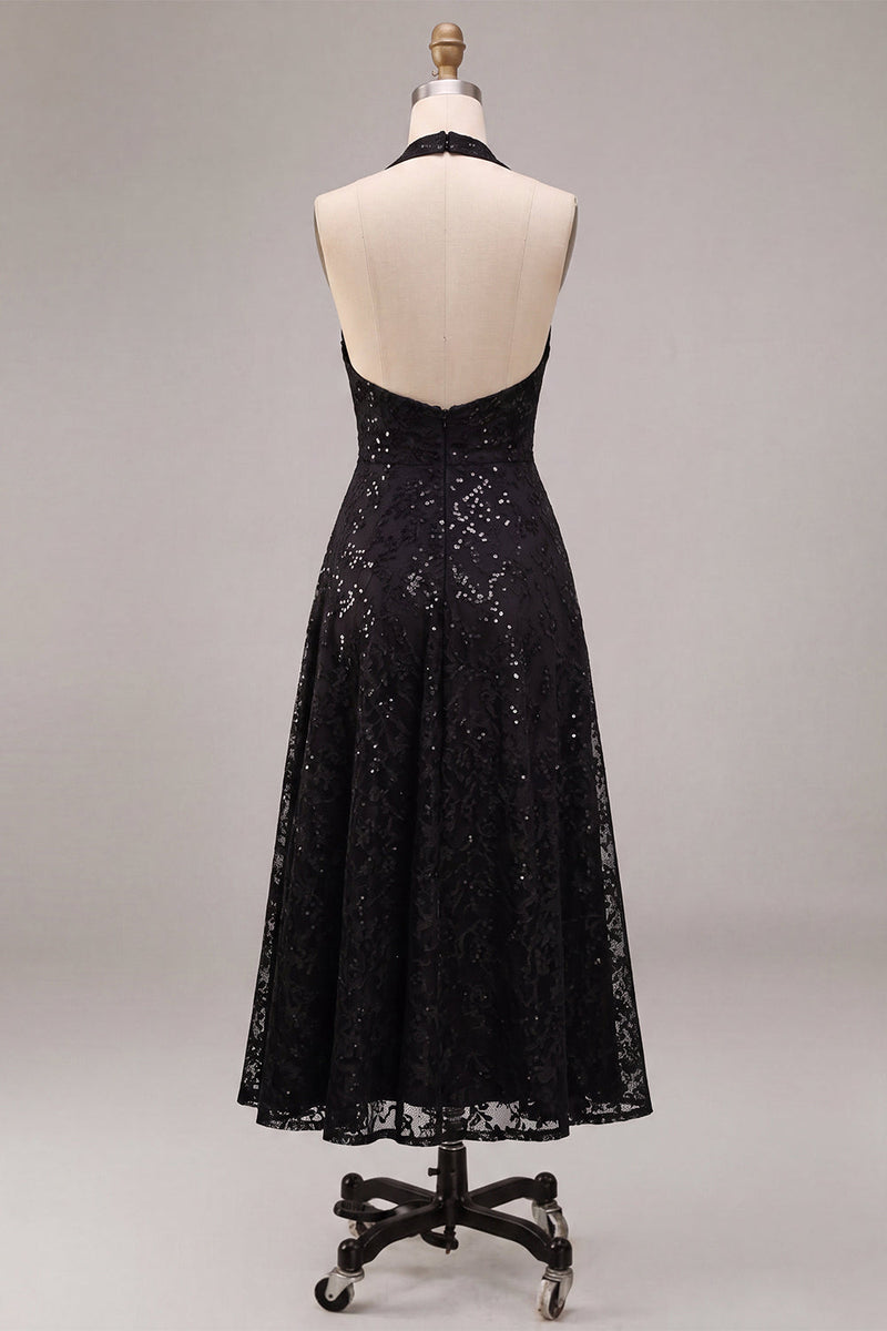 Laden Sie das Bild in den Galerie-Viewer, Schwarzes Halterhals-Pailletten-A-Line-Rückenloses Midi-Festkleid