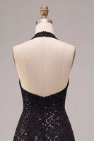 Laden Sie das Bild in den Galerie-Viewer, Schwarzes Halterhals-Pailletten-A-Line-Rückenloses Midi-Festkleid