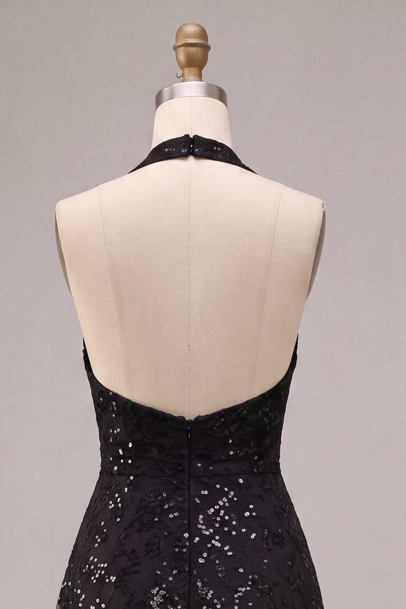 Laden Sie das Bild in den Galerie-Viewer, Schwarzes Halterhals-Pailletten-A-Line-Rückenloses Midi-Festkleid