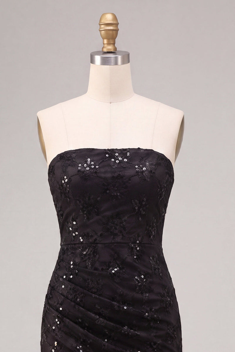 Laden Sie das Bild in den Galerie-Viewer, Trägerloses schwarzes Meerjungfrauen-Pailletten, gerafftes Maxi-Festkleid