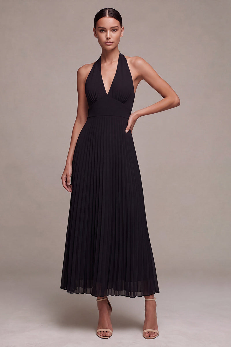 Laden Sie das Bild in den Galerie-Viewer, Chiffon-Schwarzes A-Linien-Neckholder-Plissierten-Maxi-Festkleid