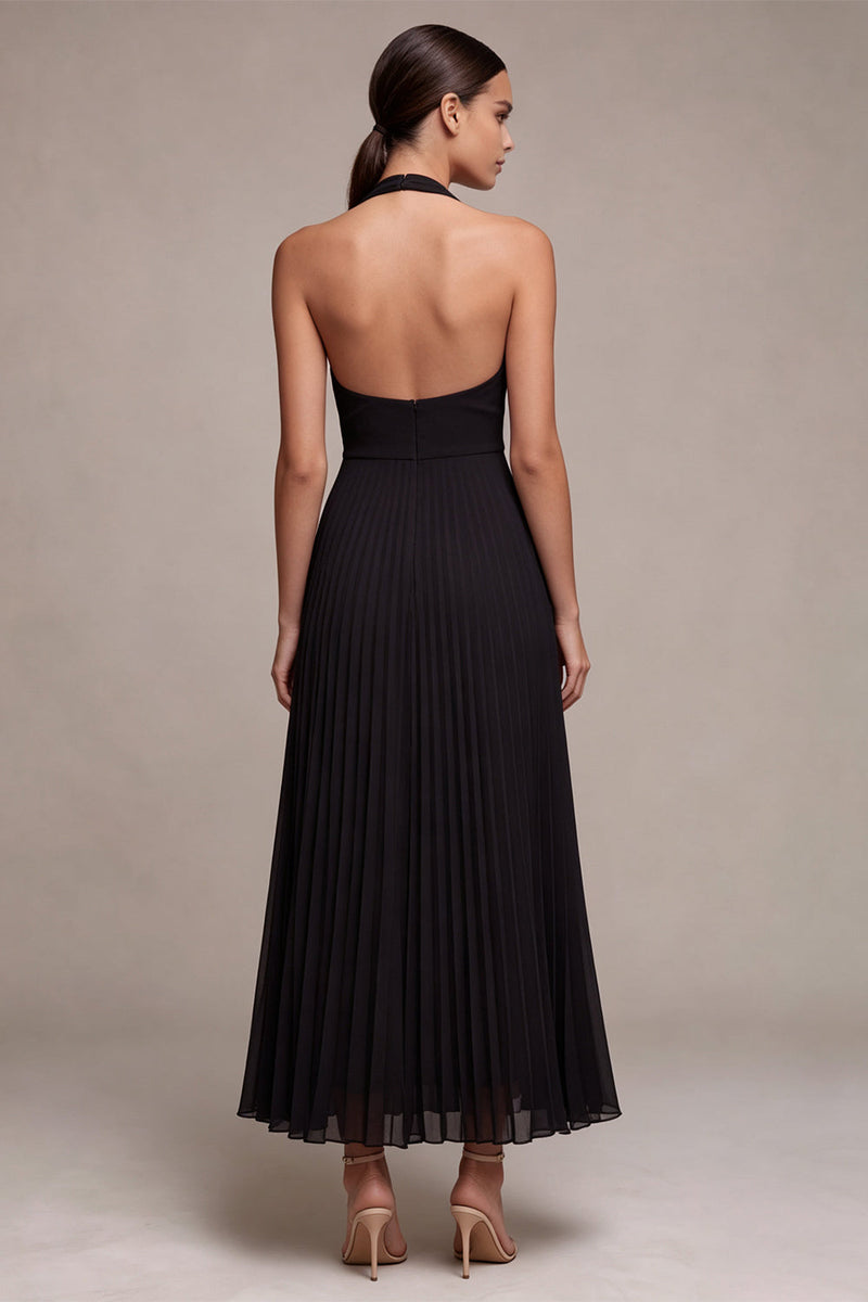 Laden Sie das Bild in den Galerie-Viewer, Chiffon-Schwarzes A-Linien-Neckholder-Plissierten-Maxi-Festkleid