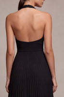 Laden Sie das Bild in den Galerie-Viewer, Chiffon-Schwarzes A-Linien-Neckholder-Plissierten-Maxi-Festkleid