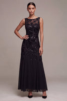 Laden Sie das Bild in den Galerie-Viewer, A-Linie Chiffon Schwarze Pailletten Bateau-Ausschnitt Maxi Festkleid