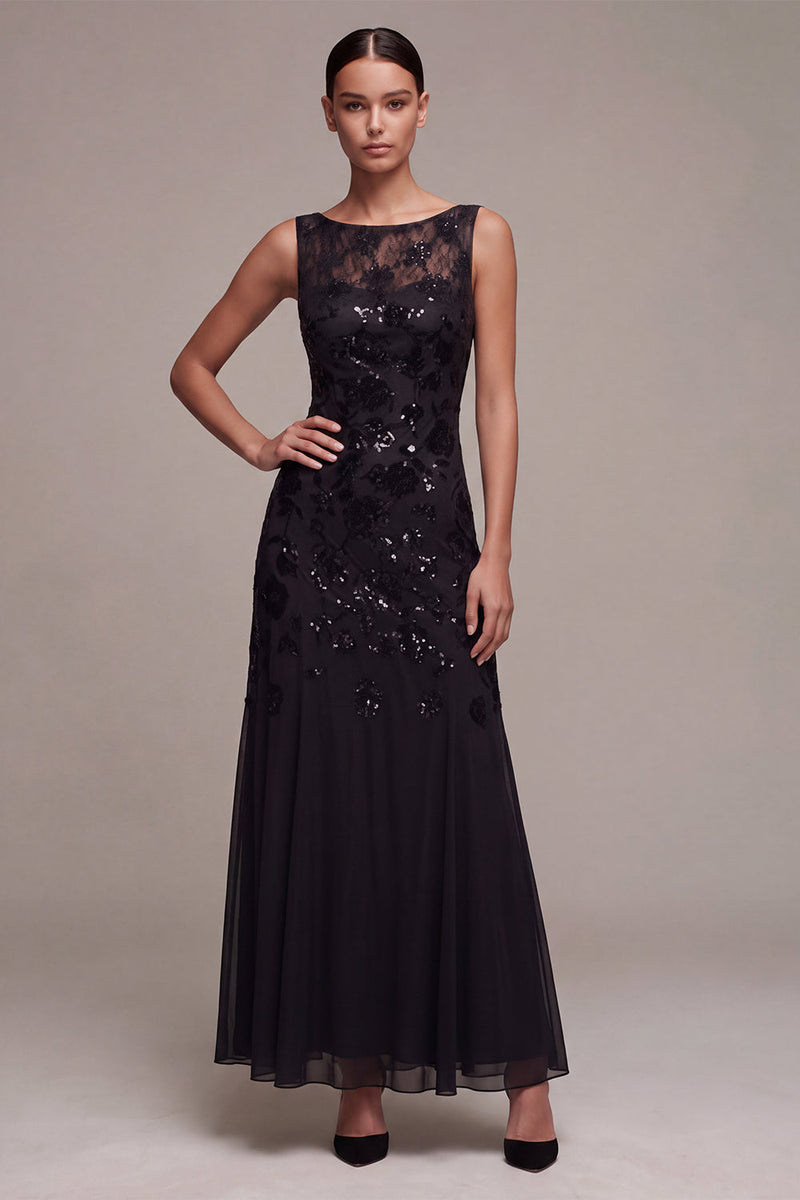 Laden Sie das Bild in den Galerie-Viewer, A-Linie Chiffon Schwarze Pailletten Bateau-Ausschnitt Maxi Festkleid