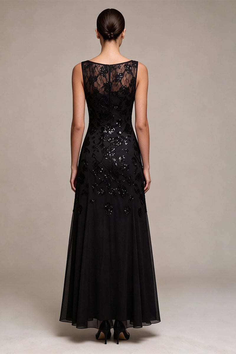 Laden Sie das Bild in den Galerie-Viewer, A-Linie Chiffon Schwarze Pailletten Bateau-Ausschnitt Maxi Festkleid