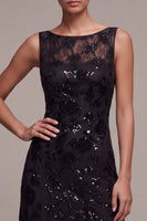 Laden Sie das Bild in den Galerie-Viewer, A-Linie Chiffon Schwarze Pailletten Bateau-Ausschnitt Maxi Festkleid