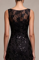 Laden Sie das Bild in den Galerie-Viewer, A-Linie Chiffon Schwarze Pailletten Bateau-Ausschnitt Maxi Festkleid
