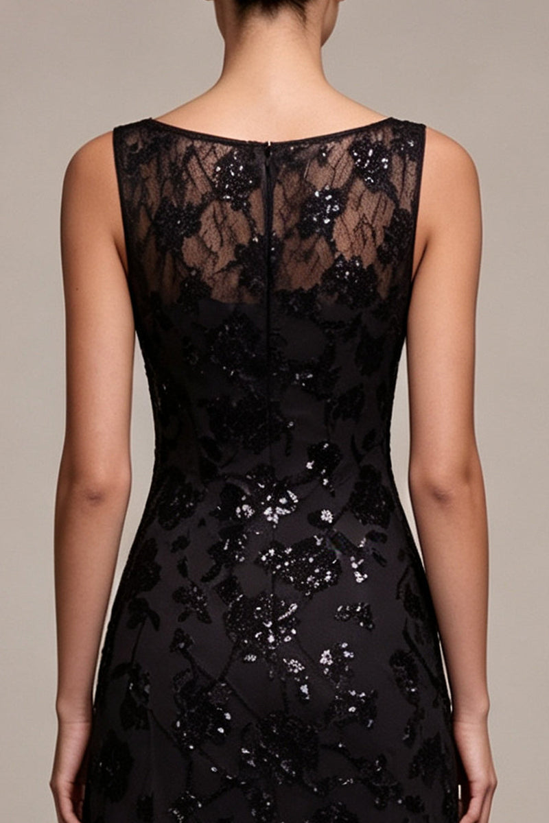 Laden Sie das Bild in den Galerie-Viewer, A-Linie Chiffon Schwarze Pailletten Bateau-Ausschnitt Maxi Festkleid