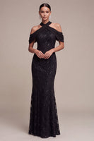 Laden Sie das Bild in den Galerie-Viewer, Meerjungfrauen-Schwarze Pailletten, Neckholder-Spitzen-Maxi-Formelkleid