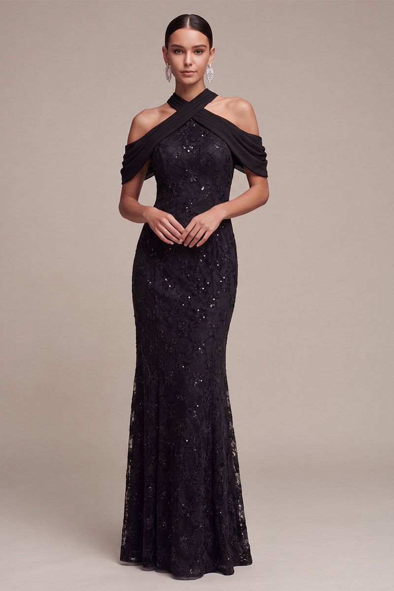 Laden Sie das Bild in den Galerie-Viewer, Meerjungfrauen-Schwarze Pailletten, Neckholder-Spitzen-Maxi-Formelkleid