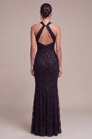 Laden Sie das Bild in den Galerie-Viewer, Meerjungfrauen-Schwarze Pailletten, Neckholder-Spitzen-Maxi-Formelkleid