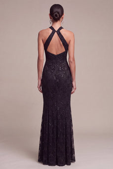 Meerjungfrauen Schwarze Pailletten Neckholder Spitzen Maxi Formelkleid