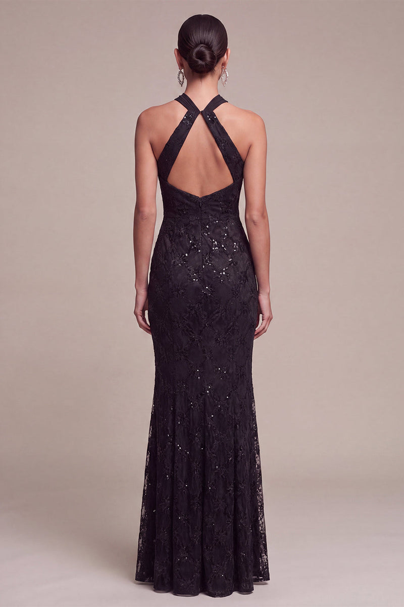 Laden Sie das Bild in den Galerie-Viewer, Meerjungfrauen-Schwarze Pailletten, Neckholder-Spitzen-Maxi-Formelkleid