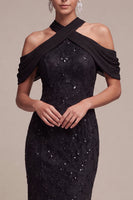 Laden Sie das Bild in den Galerie-Viewer, Meerjungfrauen-Schwarze Pailletten, Neckholder-Spitzen-Maxi-Formelkleid