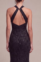 Laden Sie das Bild in den Galerie-Viewer, Meerjungfrauen-Schwarze Pailletten, Neckholder-Spitzen-Maxi-Formelkleid