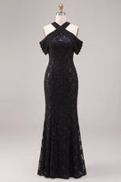 Laden Sie das Bild in den Galerie-Viewer, Meerjungfrauen-Schwarze Pailletten, Neckholder-Spitzen-Maxi-Formelkleid