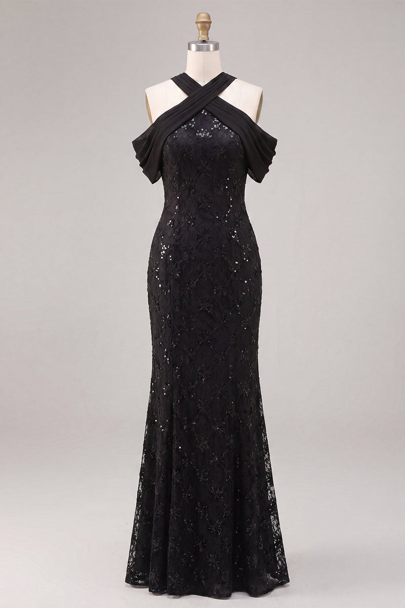 Laden Sie das Bild in den Galerie-Viewer, Meerjungfrauen-Schwarze Pailletten, Neckholder-Spitzen-Maxi-Formelkleid