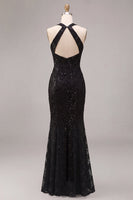 Laden Sie das Bild in den Galerie-Viewer, Meerjungfrauen-Schwarze Pailletten, Neckholder-Spitzen-Maxi-Formelkleid